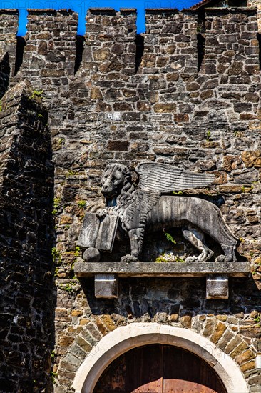 Entrance gate with St Mark's loewe, Gorizia Castle, 11th century, Gorizia, border town to Slovenia, Friuli, Italy, Gorizia, Friuli, Italy, Europe