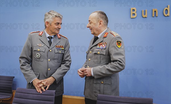 (R-L) General Carsten Breuer, Inspector General of the Bundeswehr, and Lieutenant General Alexander Sollfrank, Commander of the Joint Support and Enabling Command (JSEC), at a federal press conference on the military exercise 'Quadriga' in Berlin, 22 April 2024