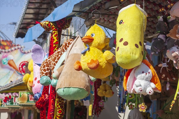 Colourful stuffed animals at a lottery booth at the Bremen Easter Fair, Buergerweide, Bremen, Germany, Europe