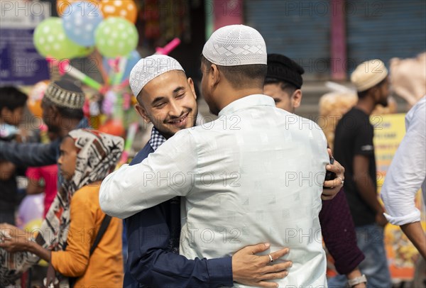 Muslims celebrate Eid al-Fitr, which marks the end of the fasting month of Ramadan, after performing Eid al-Fitr prayer at Eidgah in Guwahati, Assam, India on April 11, 2024. Muslims around the world are celebrating the Eid al-Fitr holiday, which marks the end of the fasting month of Ramadan