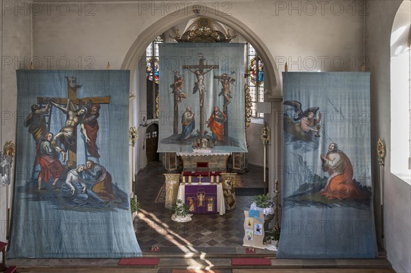 Three historical Lenten cloths, created around 1890, St Laurentius Church, Schoenau an der Brend, Lower Franconia, Bavaria, Germany, Europe