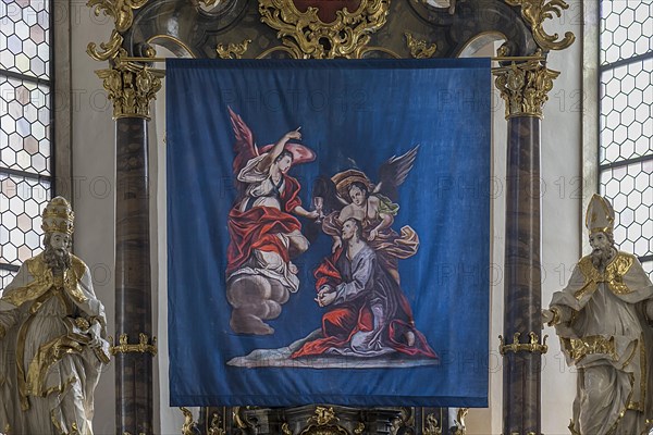 Historic Lenten cloth, made in 1726, in front of the main altar, St Nicholas parish church, Gundelsheim, Baden-Wuerttemberg, Germany, Europe