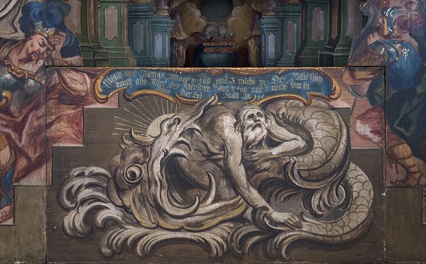Detail of the Holy Sepulchre, the prophet Jonah, spat out by the great fish, whale, around 1750, St Oswald Church, Baunach, Upper Franconia, Bavaria, Germany, Europe