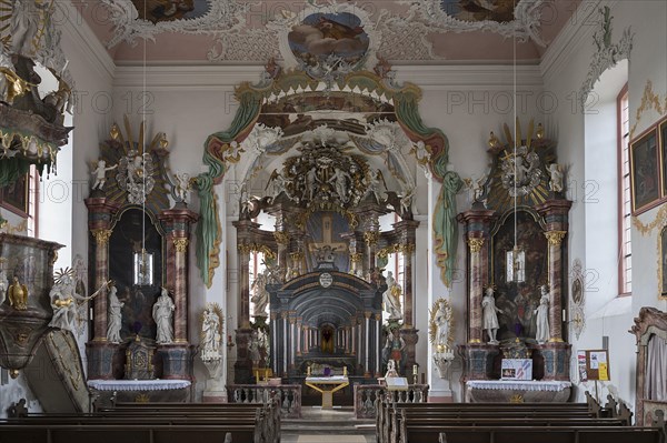 Chancel with Holy Sepulchre, behind it the historic Lenten cloth, St Wendelin, Kirchenweg 8, Eyershausen, Lower Franconia, Bavaria, Germany, Europe