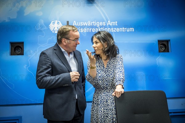 Meeting of the Federal Government's crisis team at the Federal Foreign Office, chaired by Annalena Baerbock (Alliance 90/The Greens), Federal Foreign Minister. The topic of the meeting is the situation in the Middle East following Iran's attack on Israel. Other participants include Federal Defence Minister Boris Pistorius, the Inspector General of the German Armed Forces, General Carsten Breuer, and the President of the Federal Intelligence Service (BND), Bruno Kahl. 'Photographed on behalf of the Federal Foreign Office'