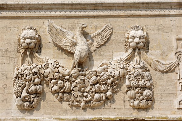 Relief on facade, Hotel des Monnaies, Avignon, Vaucluse, Provence-Alpes-Cote d'Azur, South of France, France, Europe