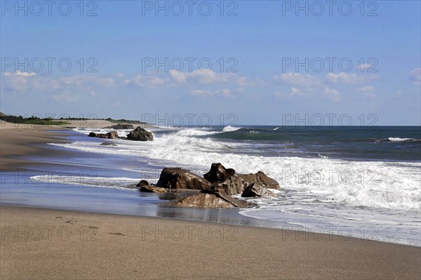 Beach at Poneloya, Las Penitas, Tranquil coastal landscape with waves breaking gently on a sandy beach, Leon, Nicaragua, Central America, Central America