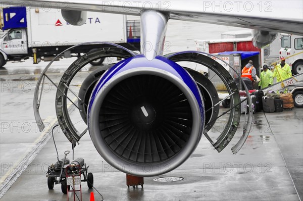 AUGUSTO C. SANDINO Airport, Managua, Nicaragua, Close-up of an aircraft engine at the airport during maintenance work, Central America, Central America