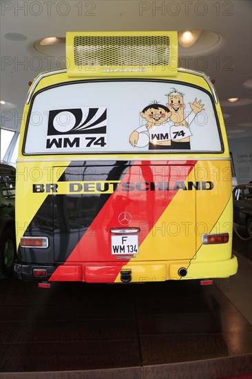 Mercedes-Benz O 302 team coach for the 1974 Football World Cup, Mercedes-Benz Museum, Stuttgart, Baden-Wuerttemberg, Germany, Europe