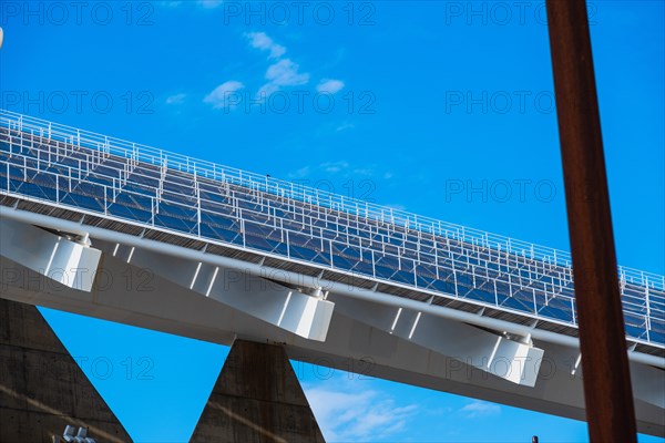 The photovoltaic pergola in the Forum district, a sail the size of a football pitch made of solar panels in the harbour on the beach in Barcelona, Spain, Europe
