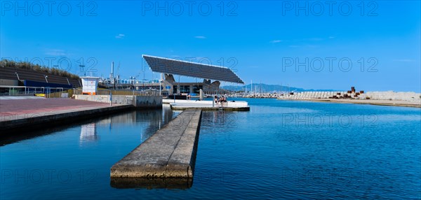 The photovoltaic pergola in the Forum district, a sail the size of a football pitch made of solar panels in the harbour on the beach in Barcelona, Spain, Europe