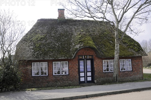 Sylt, North Frisian Island, Schleswig Holstein, Small red brick house with thatched roof, windows and an entrance under a lantern, Sylt, North Frisian Island, Schleswig Holstein, Germany, Europe