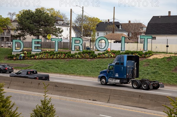 Detroit, Michigan, A new welcome to Detroit sign has been put up along Interstate 94 in advance of the NFL Draft, which will be held in the city April 25-27