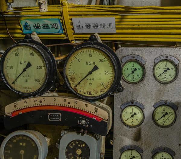 Closeup of gauges and electrical wiring on board submarine on display at Unification Park in Gangneung, South Korea, Asia