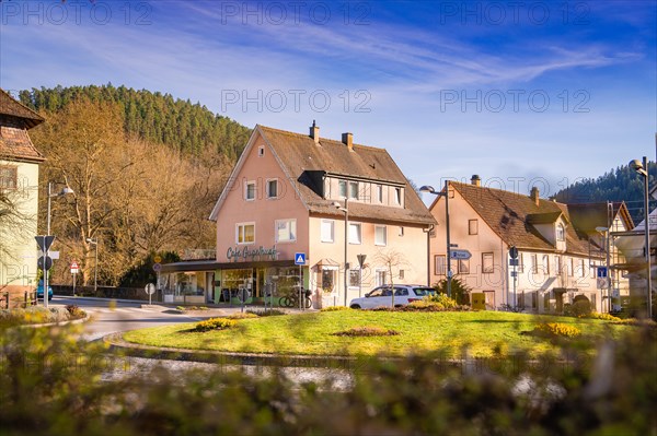A quiet village street with shops and houses on a sunny day, Spring, Calw, Black Forest, Germany, Europe