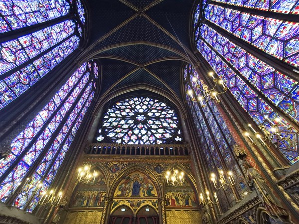 Paris 1er arr. The Rose window stained glass of the Holy Chapel (La Sainte Chapelle) . Ile de France. France