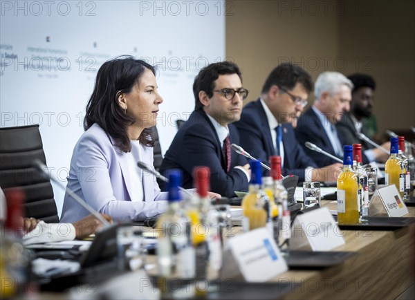 Annalena Baerbock (Alliance 90/The Greens), Federal Foreign Minister, photographed as part of her participation in the international humanitarian conference on Sudan and its neighbouring countries, with Stephane Sejourne, Foreign Minister of France, among others. 'Photographed on behalf of the Federal Foreign Office'