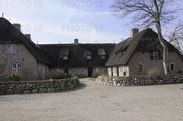 Sylt, North Frisian Island, Schleswig Holstein, Historic thatched roof houses on a large courtyard with a clear blue sky above, Sylt, North Frisian Island, Schleswig Holstein, Germany, Europe