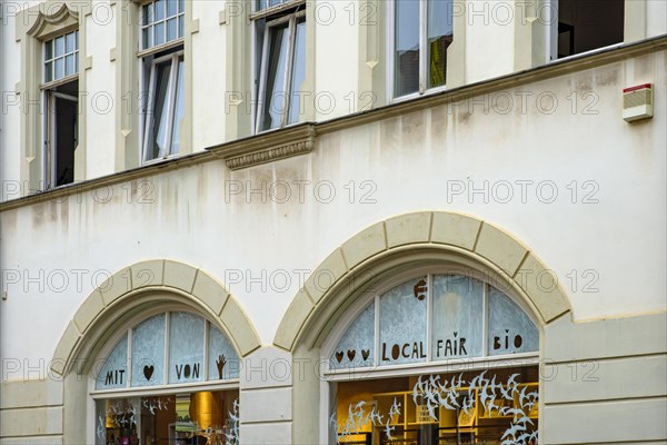 Retail shop with the shop sign Local Fair Bio on the shop window in the historic old town of Weimar, Thuringia, Germany, as of 13 August 2020, Europe