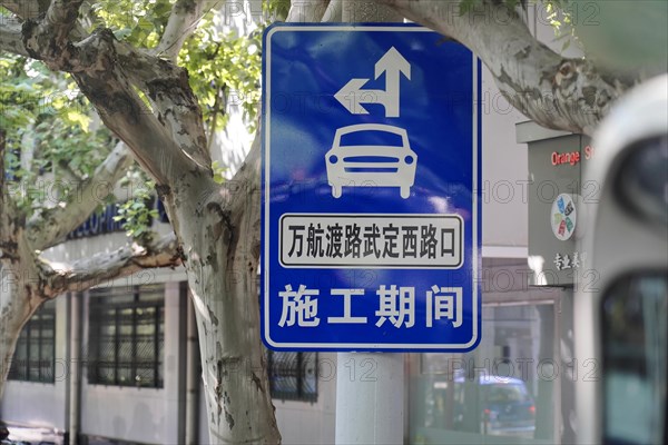 A traffic sign with arrows and Chinese characters in front of a tree, Shanghai, People's Republic of China