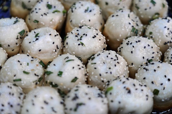 Shanghai, China, Asia, Close-up of Asian glutinous rice balls with sesame and spring onions, People's Republic of China, Asia