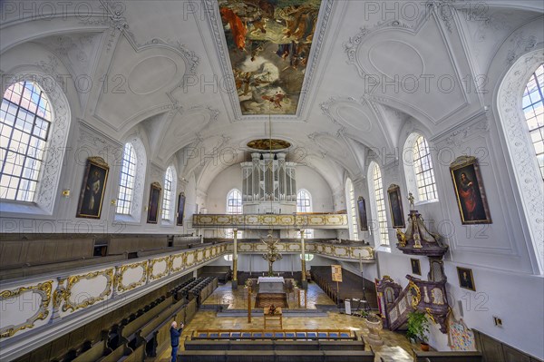 Organ loft, Dreifaltigkeitskirche, Kaufbeuern, Allgaeu, Swabia, Bavaria, Germany, Europe