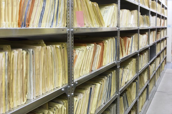 Stasi files at the Federal Commissioner for the Records of the State Security Service of the former German Democratic Republic, BStU. Files and documents of the Ministry for State Security of the GDR are stored in the Stasi Records Authority, 17 January 2015, Berlin, Berlin, Germany, Europe
