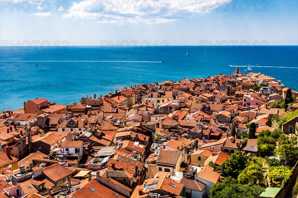 View from the bell tower over Piran, harbour town of Piran on the Adriatic coast with Venetian flair, Slovenia, Piran, Slovenia, Europe