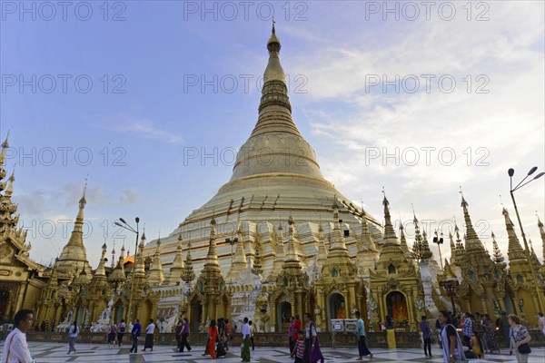 Shwedagon Pagoda, Yangon, Myanmar, Asia, Daytime scene with visitors at the majestic Shwedagon Pagoda, Asia