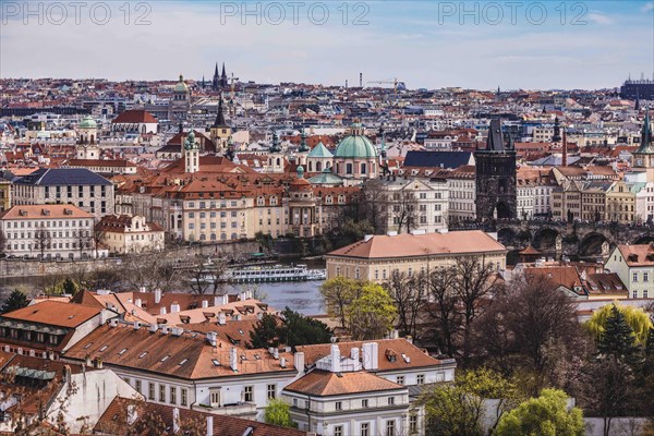 Sightseeing, city tour, boat trip, church, Prague Old Town, Charles Bridge, statues of saints, Vltava River, capital city, view of Prague Castle, city view of Prague, panorama, Czech Republic, Prague, Europe