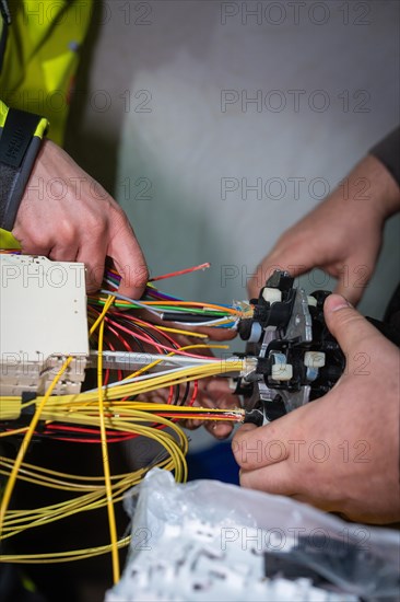 Close-up of hands carefully working on electrical cables, Galsfaserbau, Calw, Black Forest, Germany, Europe