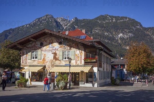 Lueftlmalerei on old house facade, Jocherhaus, Kramermassiv, district Garmisch, Garmisch-Partenkirchen, Werdenfelser Land, Upper Bavaria, Bavaria, Germany, Europe