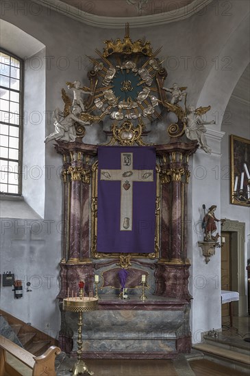 Lenten cloth in front of the left side altar, late 19th century, St John the Baptist, Ochsenfurt Hohestadt, Lower Franconia, Bavaria, Germany, Europe
