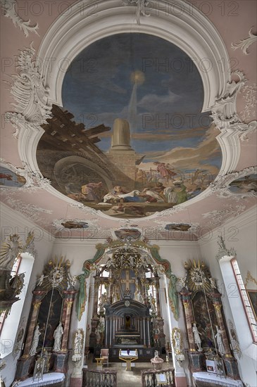 Ceiling fresco with chancel, in front of it the holy grave, behind it the historic Lenten cloth, St Wendelin, Eyershausen, Lower Franconia, Bavaria, Germany, Europe
