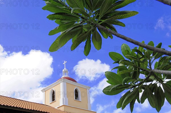Church of San Juan del Sur, Nicaragua, Central America, San Juan del Sur, View of a church tower through the green foliage against a blue sky, Central America