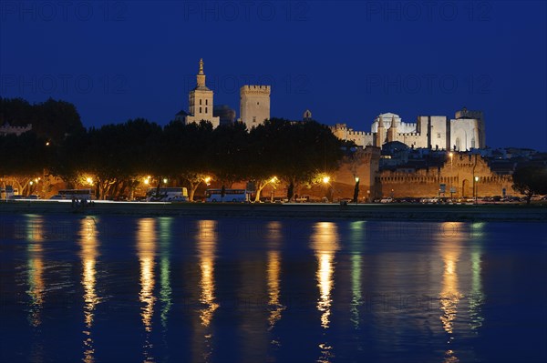 Papal Palace and Notre-Dame des Doms Cathedral at night, Avignon, Vaucluse, Provence-Alpes-Cote d'Azur, South of France, France, Europe