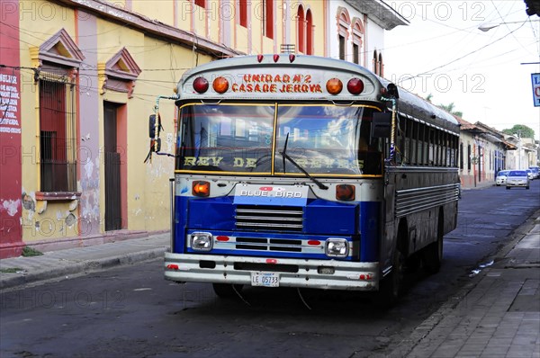 Leon, Nicaragua, Old blue bus parked on the street in a Central American city, Central America, Central America