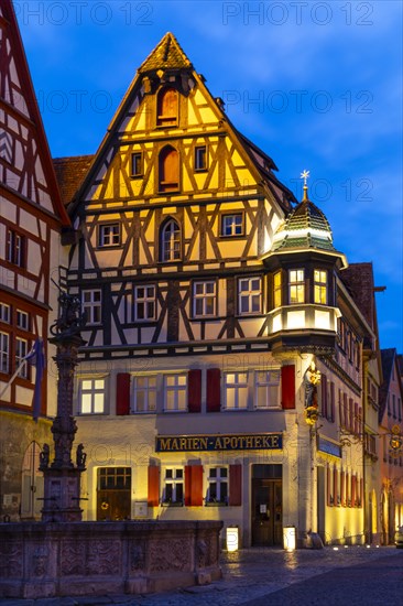 Oriel at the Marienapotheke, Blue Hour, Rothenburg ob der Tauber, Middle Franconia, Bavaria, Germany, Europe