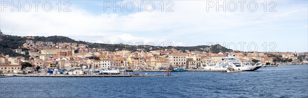 View from the sea, harbour and town of Maddalena, panoramic view, Isola La Maddalena, Sardinia, Italy, Europe
