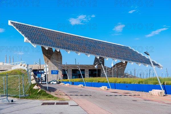 The photovoltaic pergola in the Forum district, a sail the size of a football pitch made of solar panels in the harbour on the beach in Barcelona, Spain, Europe