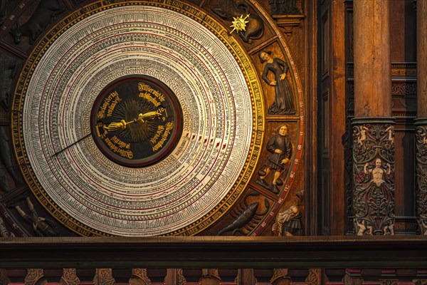 Calendar of the astronomical clock from the 15th century in St Mary's Church in the historic old town of Rostock, Mecklenburg-Vorpommern, Germany, Europe