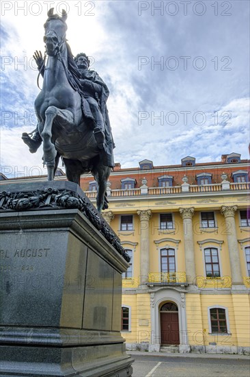 Carl August Monument, equestrian statue of Grand Duke Carl August of Saxe-Weimar-Eisenach by Adolf von Donndorf, on the Square of Democracy in front of the Weimar Princely House, today the Franz Liszt Weimar University of Music, Weimar, Thuringia, Germany, Europe