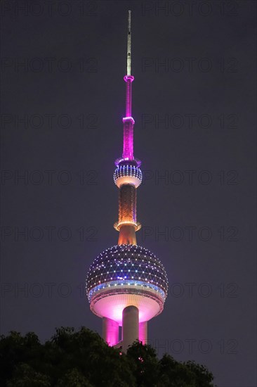 Oriental Pearl Tower, Pudong, Shanghai, China, Asia, Shanghai, China, Illuminated tower at night with an intense violet colour, Shanghai, People's Republic of China, Asia