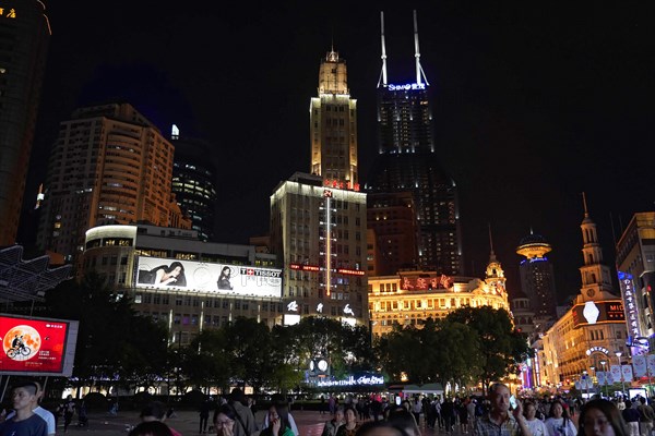 Shanghai by night, China, Asia, Lively city square at night with impressive illuminated skyline, Shanghai, Asia