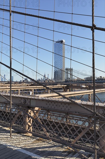 View from Brooklyn Bridge to Manhattan Bridge with One Manhattan Square skyscraper, New York City, New York, USA, New York City, New York, USA, North America