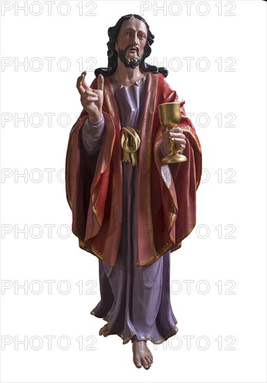 Life-size, carved figure of Jesus, Last Supper figure on a white background, 350-year-old processional figure on a dark background, Neunkirchen am Brand, Middle Franconia, Bavaria, Germany, Europe