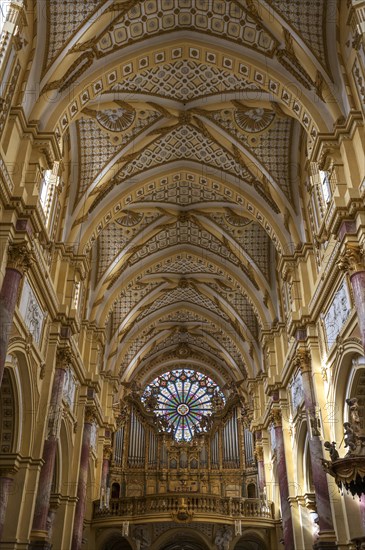 Nave with organ loft and Gothic rose window, Ebrach Abbey, former Cistercian abbey, Ebrach, Lower Franconia, Bavaria, Germany, Europe