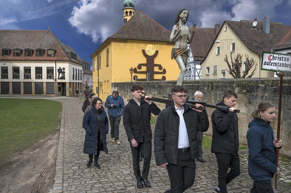 Historic Good Friday procession for 350 years with life-size wood-carved figures from the 18th century, Neunkirchen am Brand, Middle Franconia, Bavaria, Germany, Europe