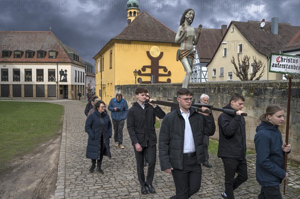 Historic Good Friday procession for 350 years with life-size wood-carved figures from the 18th century, Neunkirchen am Brand, Middle Franconia, Bavaria, Germany, Europe