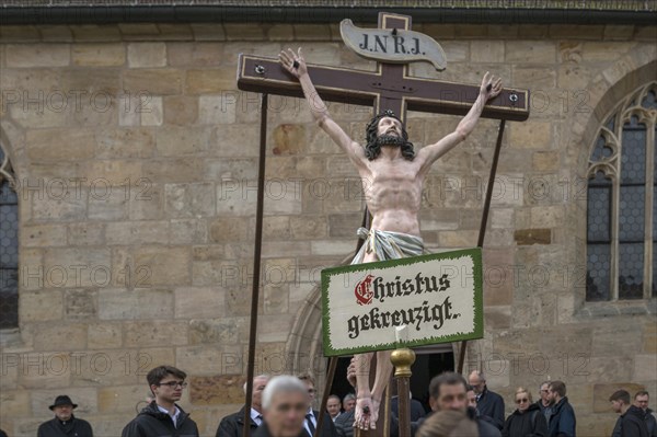 Historic Good Friday procession for 350 years with life-size wood-carved figures from the 18th century, Neunkirchen am Brand, Middle Franconia, Bavaria, Germany, Europe